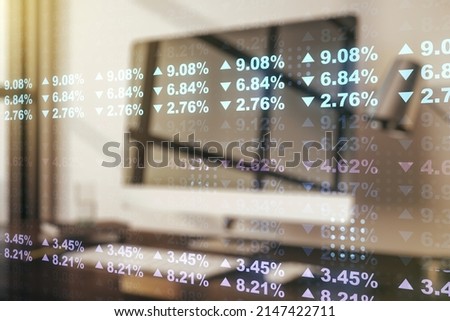Double exposure of abstract creative statistics data hologram on laptop background, statistics and analytics concept