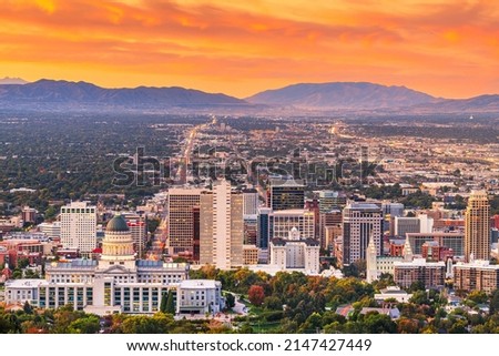 Salt Lake City, Utah, USA downtown city skyline at dusk. Royalty-Free Stock Photo #2147427449