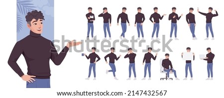 Young smart businessman, manager character set, corporate business bundle, different poses, gestures, emotions, various office situation. Vector flat style cartoon character isolated, white background Royalty-Free Stock Photo #2147432567