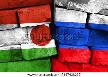 Concept of the relationship between Niger and Russia with two painted flags on a damaged brick wall
