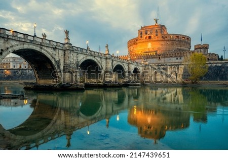 Mausoleum of Hadrian, known as Castel Sant Angelo (English: Castle of the Holy Angel), Rome, Italy. Bridge and Castle Sant Angelo in Rome, Italy. Built in ancient Rome. Architecture of Rome and Italy. Royalty-Free Stock Photo #2147439651