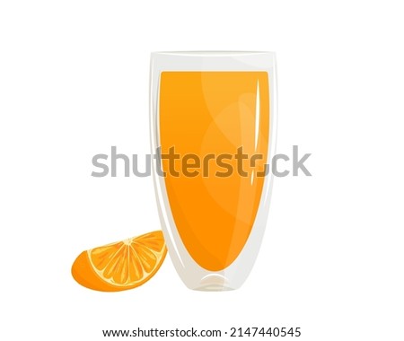 A glass of orange juice and a slice of orange.Vector illustration isolated on a white background.The design concept of a web page,advertising,cafe,menu.