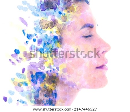 Paintography. Abstract colorful watercolor painting combined with a portrait