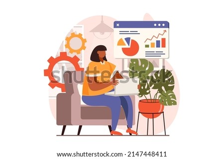 Business activities web concept in flat design. Woman analyzes company statistics and makes financial report, creates strategy. Businesspeople working at office. Vector illustration with people scene