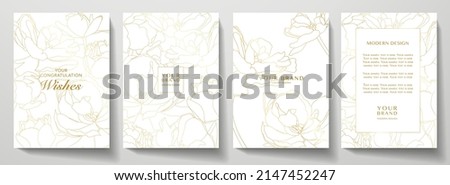Romantic spring cover and frame page design set. Gold tulip flower bouquet with line pattern on white. Golden summer vector background for elegant wedding invitation, menu, sale, holiday spring poster Royalty-Free Stock Photo #2147452247