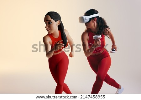Fitness in the metaverse. Sporty young woman playing a virtual reality fitness game as a 3D avatar. Athletic young woman running with virtual reality goggles and controllers.