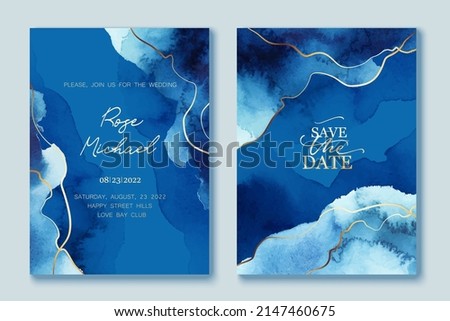 Set of elegant, romantic wedding cards, covers, invitations with shades of blue.  Golden lines, splatters. Watercolor washes, abstract background. 