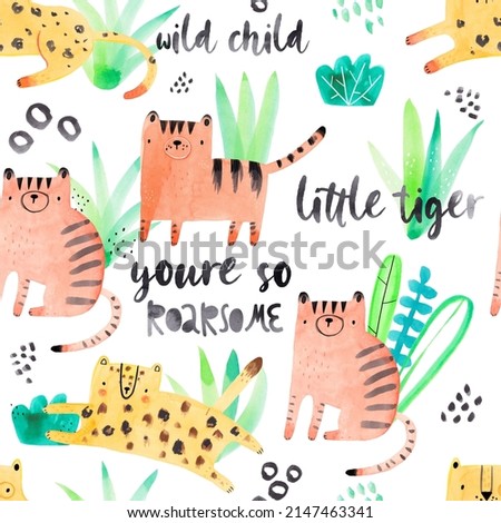 Watercolor hand-drawn seamless repeating color childish pattern with wild cats, plants and leaves in Scandinavian style on a white background. Print with tigers and jaguars. Jungle animals. Texture.
