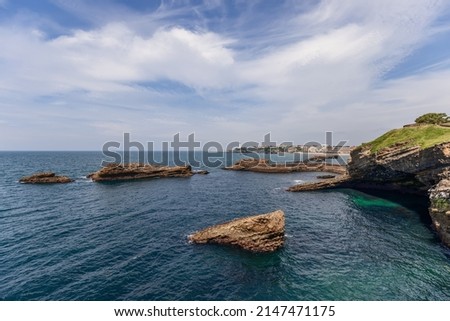 Southwestern coastline of France, shores of Biscay Bay are characterized by bizarre rock formations washed. Biarritz, French Basque Country