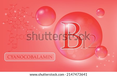 Vitamin B12, cyanocobalamin, water drops, capsule on a pink background. Vitamin complex with chemical formula. Information medical poster. Vector illustration