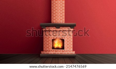 Fireplace realistic composition with indoor interior view and classic style chimney made of bricks with fire vector illustration Royalty-Free Stock Photo #2147476569