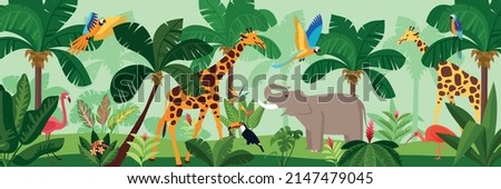 Jungle colored composition zebras elephant flamingos and parrots are in the green jungle vector illustration
