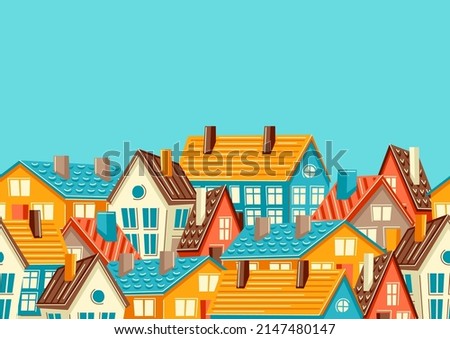 Seamless pattern with cute houses. Country colorful cottages background.