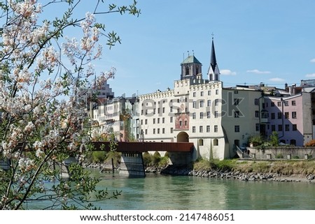City view of Wasserburg am Inn. View across the Inn River to the Brucktor, the entrance gate. Royalty-Free Stock Photo #2147486051