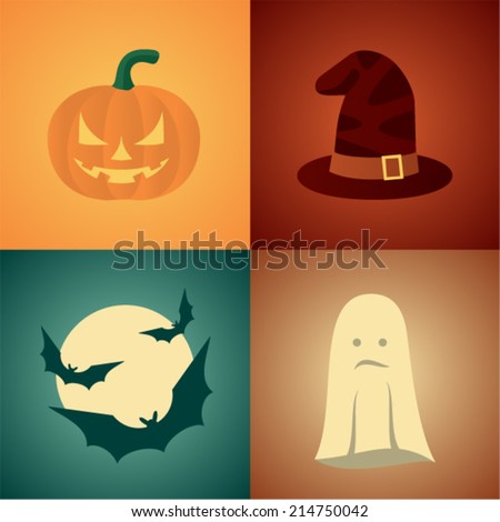 Vector illustration icon set of halloween: pumpkin, hat, bat, ghost