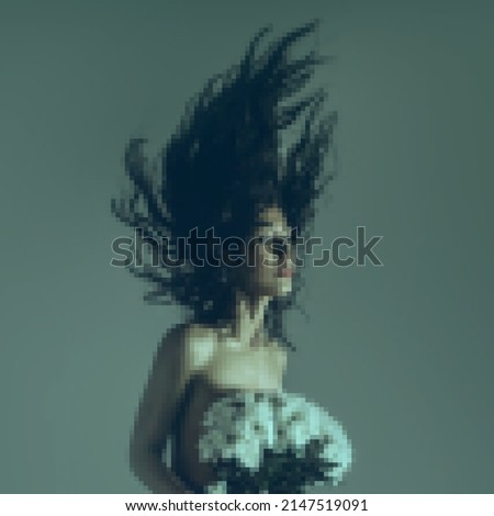 NFT portrait of a girl with hair up in pixels on a green blue background with flowers, art, contemporary, modern, generation Z