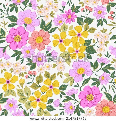 Seamless vector floral pattern. Liberty background of bright colorful realistic flowers. Print with bouquets of flowers from the garden. Bright yellow and pink flowers on a white background.