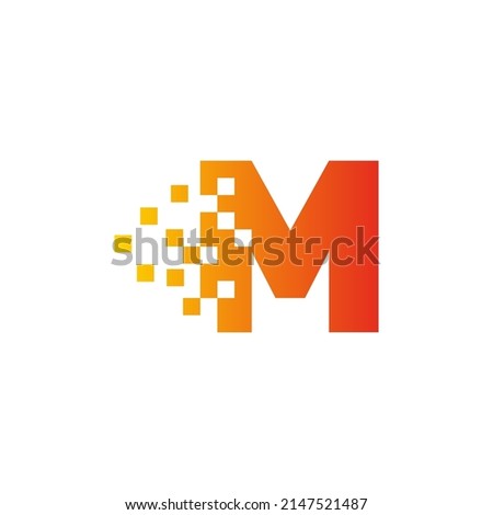 Colorful letter M fast pixel dot logo. Pixel art with the letter M. Integrative pixel movement. Creative scattered technology icon. Modern icon creative ports. Vector logo design.