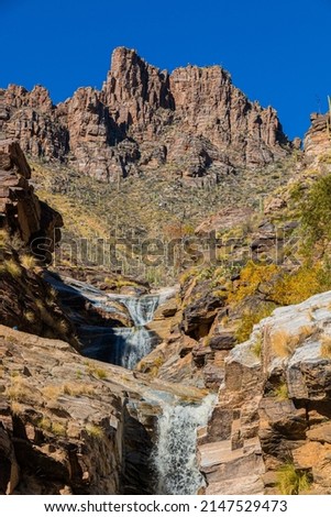 The Cascades of Seven Falls on the Bear Canyon Trail, Bear Canyon, Sabino Canyon Recreation Area, Tucson, Arizona, USA Royalty-Free Stock Photo #2147529473