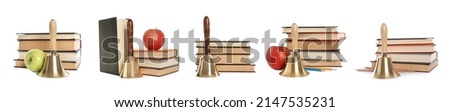 Set with school bells and books on white background. Banner design Royalty-Free Stock Photo #2147535231
