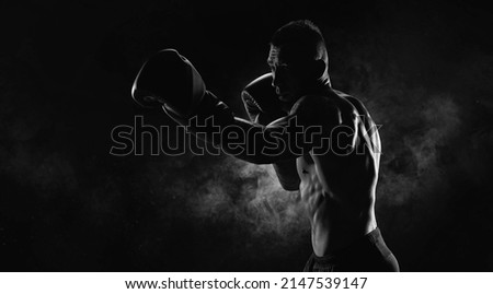 Kickboxer in black gloves posing on a background of smoke. The concept of mixed martial arts. 