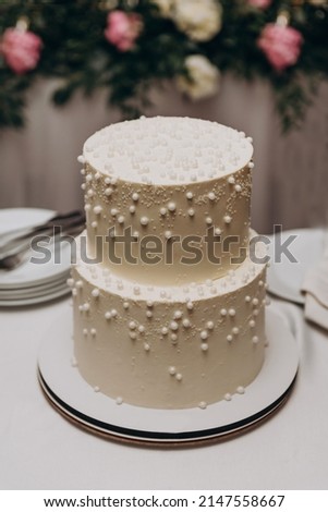 
White two tier wedding cake. Vanilla sponge cake, cream cheese cream. The cake is decorated with white pearls. Wedding, holiday, buffet