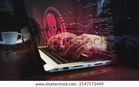 Skull pirate, online cyberattack, hack, threat and breach security symbol and man typing computer keyboard. Hands on laptop. Network, cyber technology and background abstract concept. Royalty-Free Stock Photo #2147572449