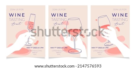 Set of outline illustrations of wine glass with white, red and sparkling wine, vector. Splashes of wine, liquid, drops. Drawings for wine designs. Event, party, presentation, promotion, menu. Royalty-Free Stock Photo #2147576593