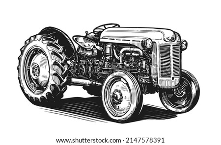 Retro farm agricultural tractor, sketch. Hand drawn vintage vector illustration Royalty-Free Stock Photo #2147578391