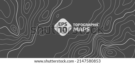 Stylized height of the topographic contour map in lines and stroke. The concept of a conditional geography scheme and the terrain path. Black on white background. Ultra wide size. Vector illustration.