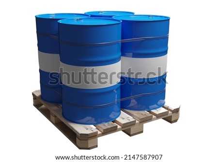 Barrels oil. Blue barrels isolated on white. Metal canisters casks for fuel. Barrels oil are ready for transportation. Three-dimensional casks for crude oil. Chemical products.  Royalty-Free Stock Photo #2147587907