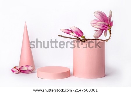 A branch of blooming magnolia on a pink box on a white background. Spring. t idea.