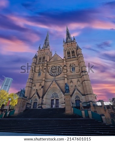 Saint Mary’s cathedral Church religious place of worship Sydney NSW Australia Saint Marys Cathedral Sydney. lovely sunset clouds in the sky Royalty-Free Stock Photo #2147601015