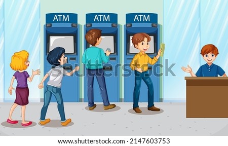 ATM bank scene with people cartoon character illustration