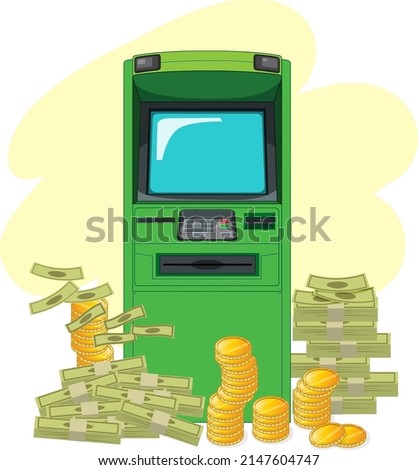 ATM machine with stack of coins and cash illustration
