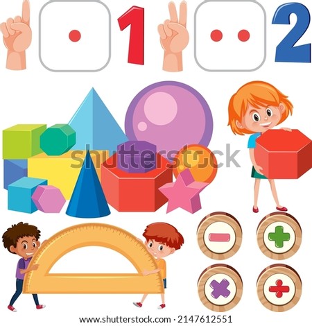 Math classroom objects with supplies and students illustration