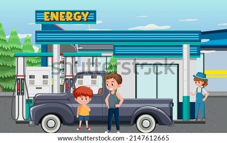Gas station cartoon scene illustration