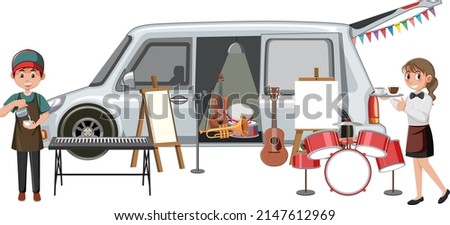 People and many musical instruments on sale illustration