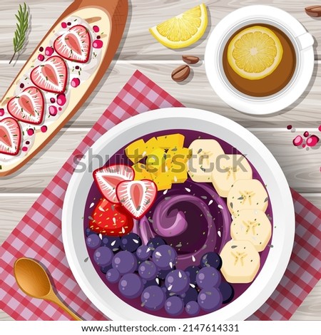 Top view Acai food bowl and placemat on wood table illustration