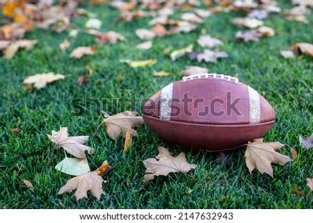 Fall season football background image. The perfect symbols of Autumn, fallen leaves and American Football. The ball sitting on the grass on a crisp fall day	
