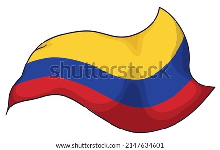 View of waving and patriotic Colombian tricolor flag. Design in cartoon style isolated over white background.