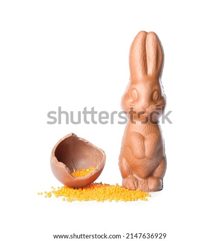 Chocolate Easter bunny and broken egg on white background