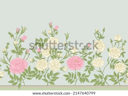 Roses flowers on branches. Millefleurs trendy floral design. Seamless border pattern, linear ornament, ribbon Vector illustration. On green background