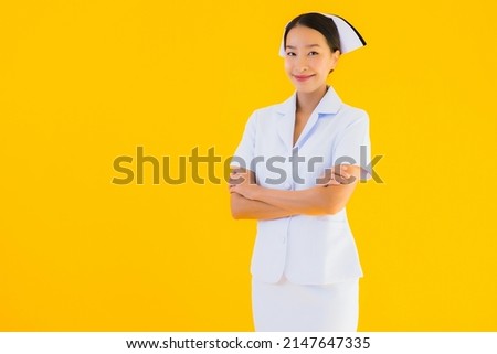 Portrait beautiful young asian thai nurse in many action work for patient in clinic and hospital on yellow isolated background