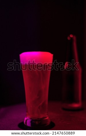 Glass Beer On Dark Background, Neon Color Style In Bar
