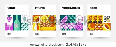 Geometric food poster. Abstract placard with minimalistic fruits and vegetables for food market and grocery. Vector set. Fair announcement with wine, citrus, banana, melon and pear