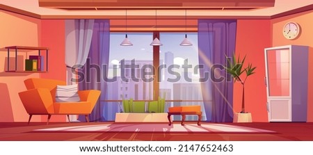 Living room interior with large panoramic windows and megalopolis cityscape. Modern apartment with city skyline view, cozy armchair, plants and furniture, home design, Cartoon vector illustration Royalty-Free Stock Photo #2147652463