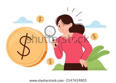 A woman observing a huge coin with a magnifying glass. Financial study, observation concept. Financial business vector illustration. Royalty-Free Stock Photo #2147659803