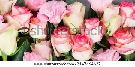 Rose fresh flowers bouquet from above, flat lay scene