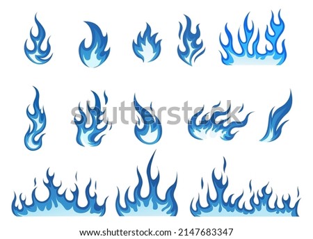 Set of blue flames vector illustration element, background, frame, effects, layout. Vector eps 10. Cartoon of flames. 